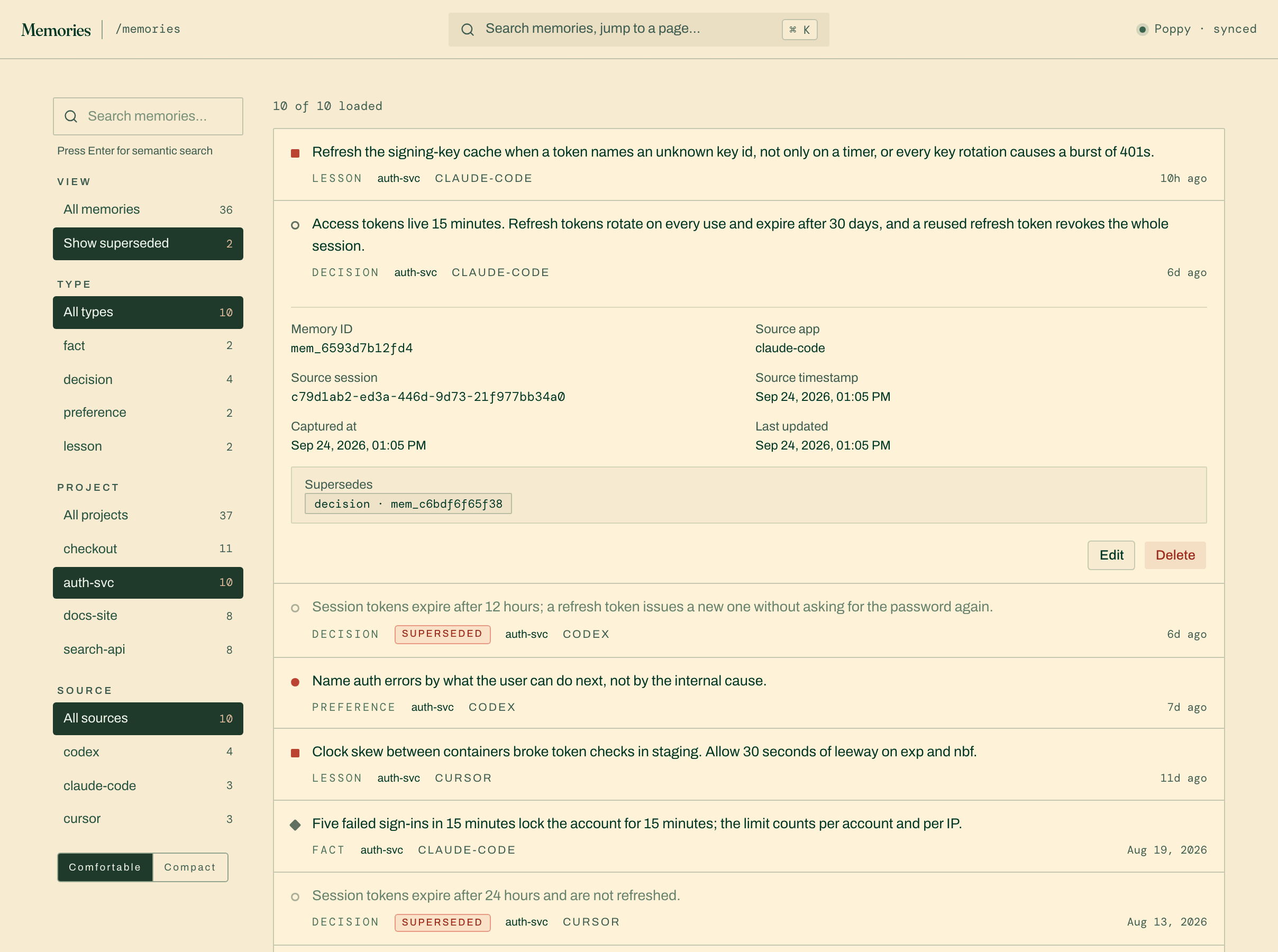 The Memories page filtered to one project with superseded versions shown. One decision is expanded to its memory ID, source app, source session, timestamps and the memory it supersedes, and two superseded versions sit lower in the list.