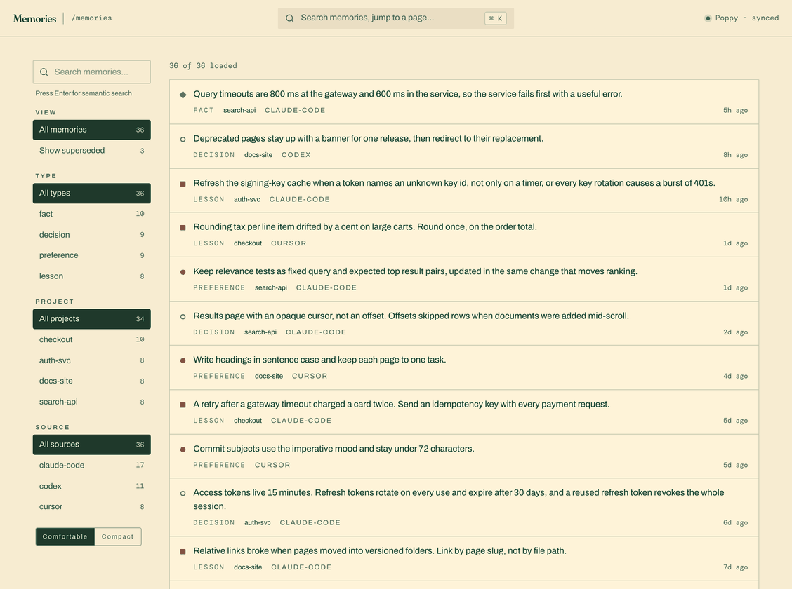 The Trags dashboard's Memories page: filters for view, type, project and source beside a list of example memories, each with its type, project, source app and age.